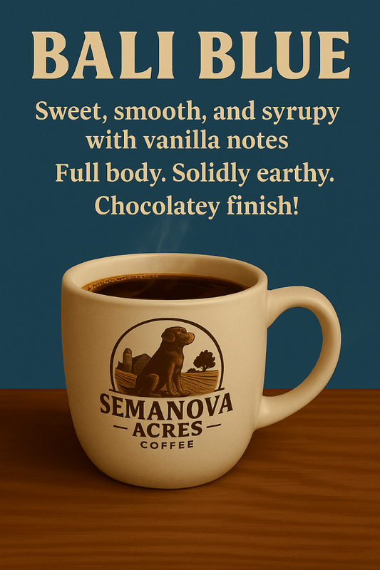 Semanova Acres coffee cup with Bali Blue coffee description on a wooden surface and blue background